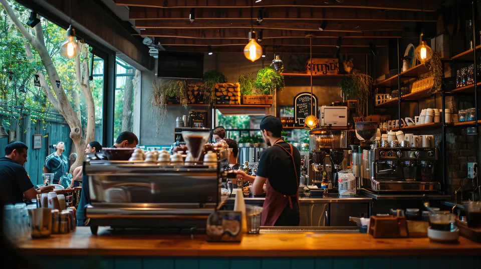 Cozy neighborhood café interior with wooden counter, espresso machine and hanging plants