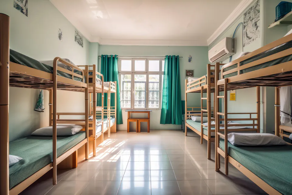 Colorful hostel dormitory room with bunk beds and lockers