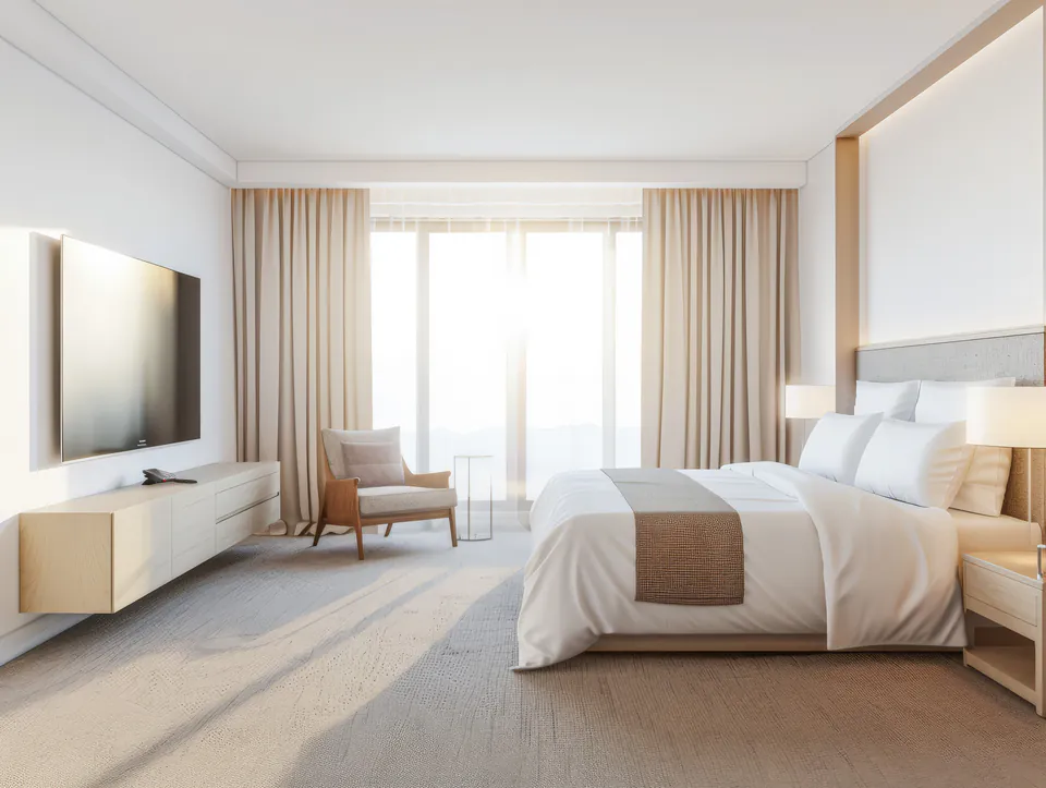 Minimalist hotel room with floor-to-ceiling windows, modern furnishings and neutral color scheme