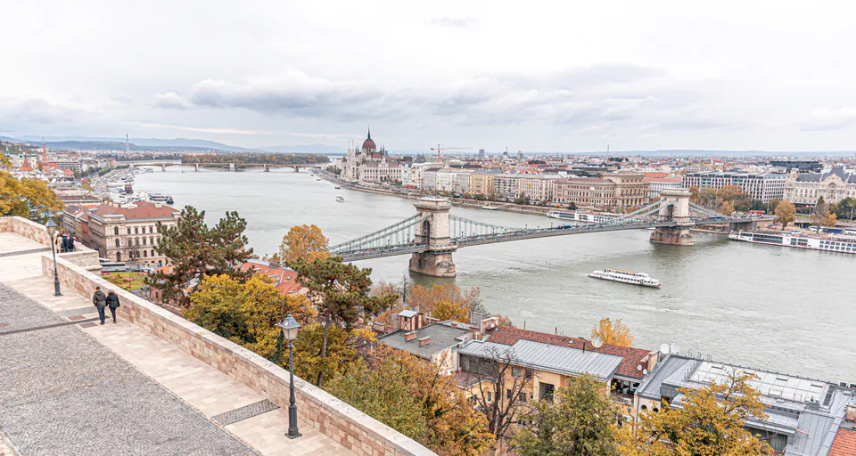 Panoramic view of Budapest's Chain Bridge and Parliament Building across Danube River in autumn