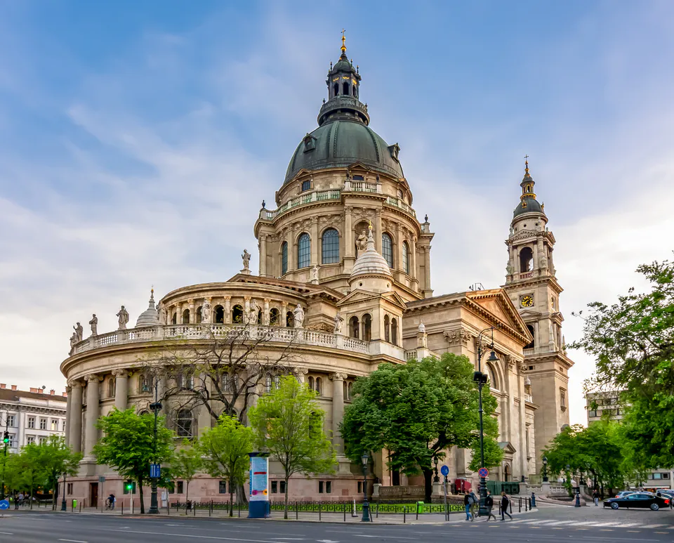 St. Stephen's Basilica dome rising above Budapest's District V streets