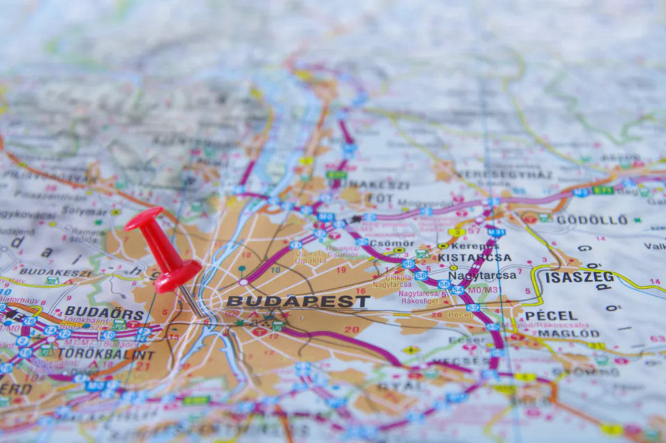 Close-up view of Budapest map with red pin marking location and surrounding district details