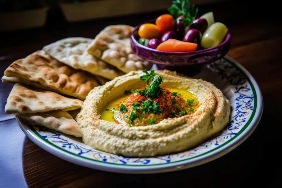 Creamy hummus plate served with warm pita bread and fresh vegetables on decorative plate