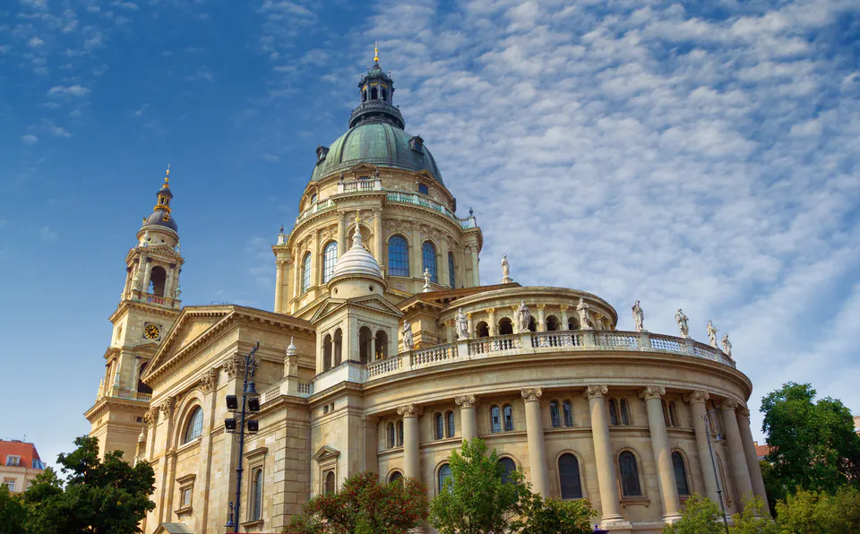 St. Stephen's Basilica neo-classical dome towering over Budapest streets