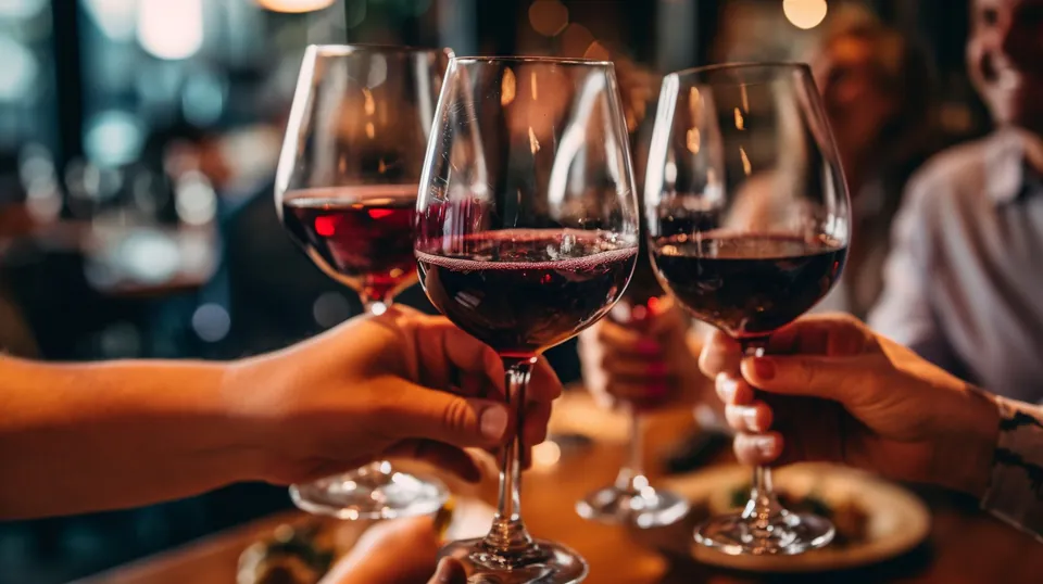 Wine glasses raised in traditional Hungarian toast during formal dining