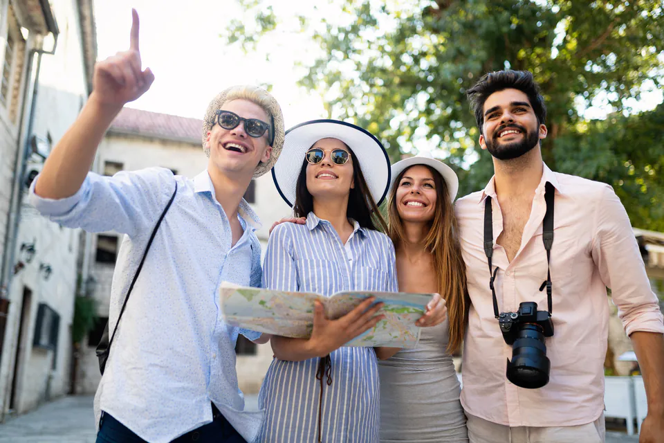 Group of travelers on a walking tour in Budapest