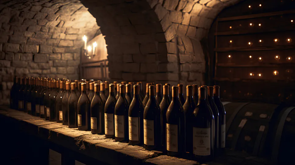 Wine bottles lined up in traditional stone cellar with arched ceiling and ambient lighting