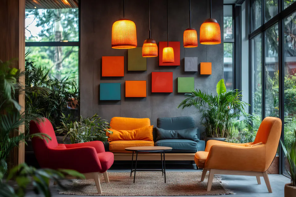 Modern lounge area with colorful chairs, pendant lamps and decorative wall art