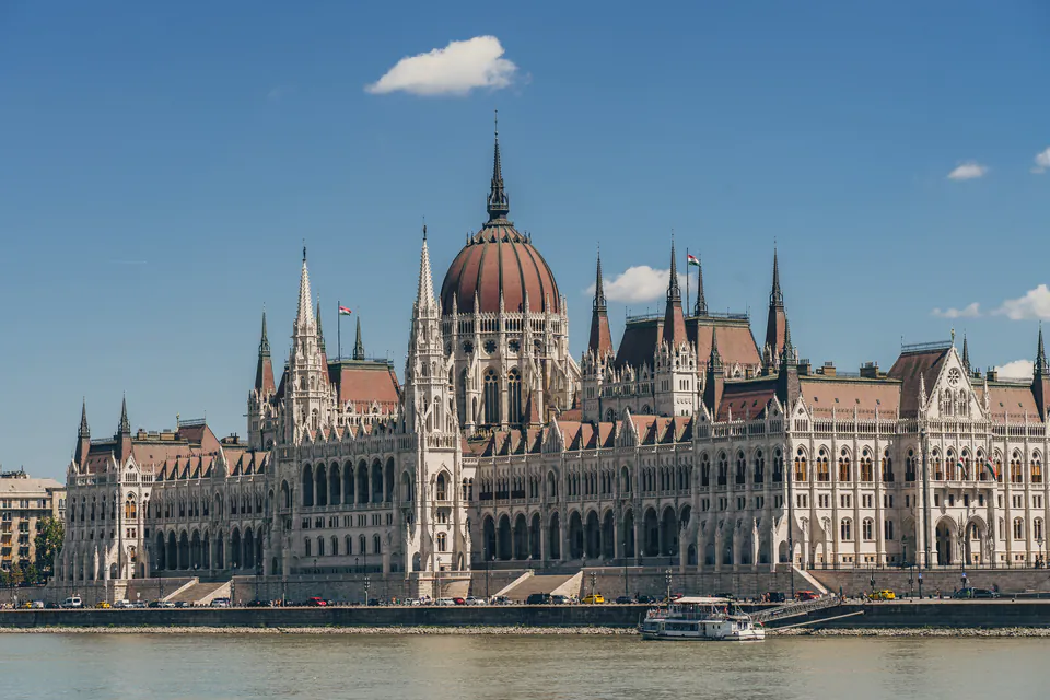 Hungarian Parliament building facade with Gothic Revival architecture and Danube River