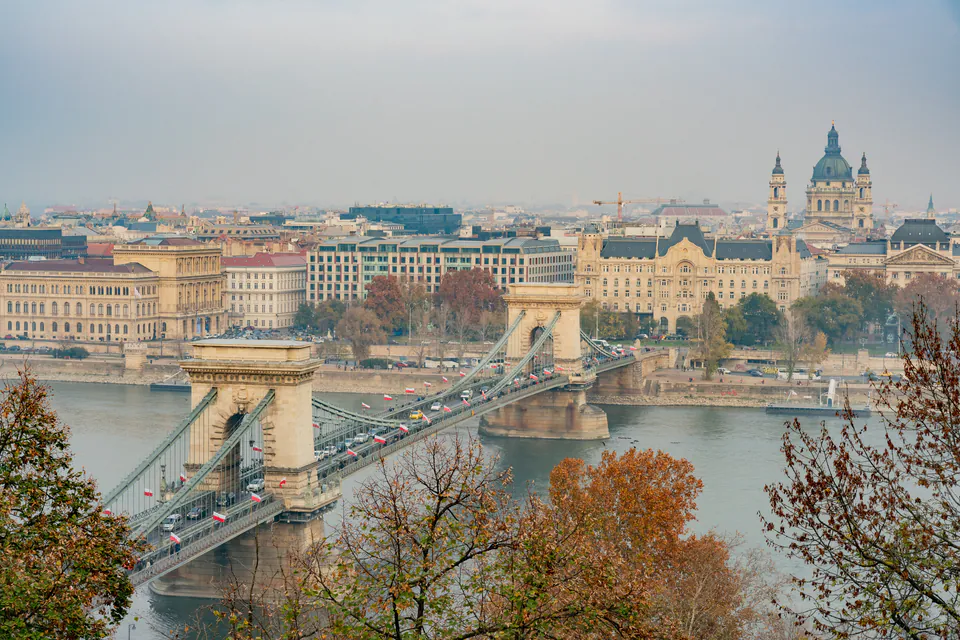 Luxury suite view overlooking Chain Bridge, Danube River and St. Stephen's Basilica in Budapest