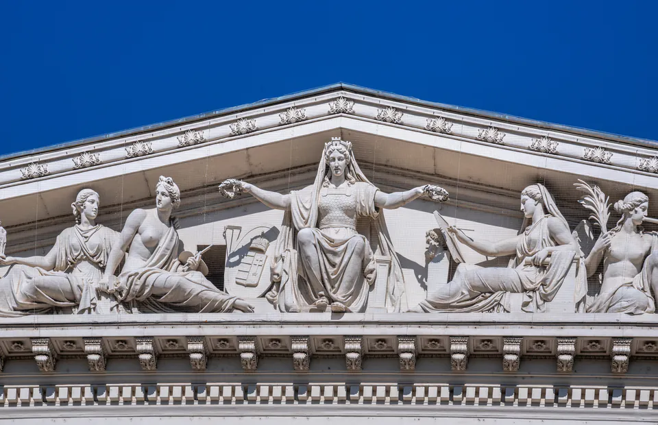 Neoclassical facade of Hungarian National Museum with grand columns and ornate architectural details