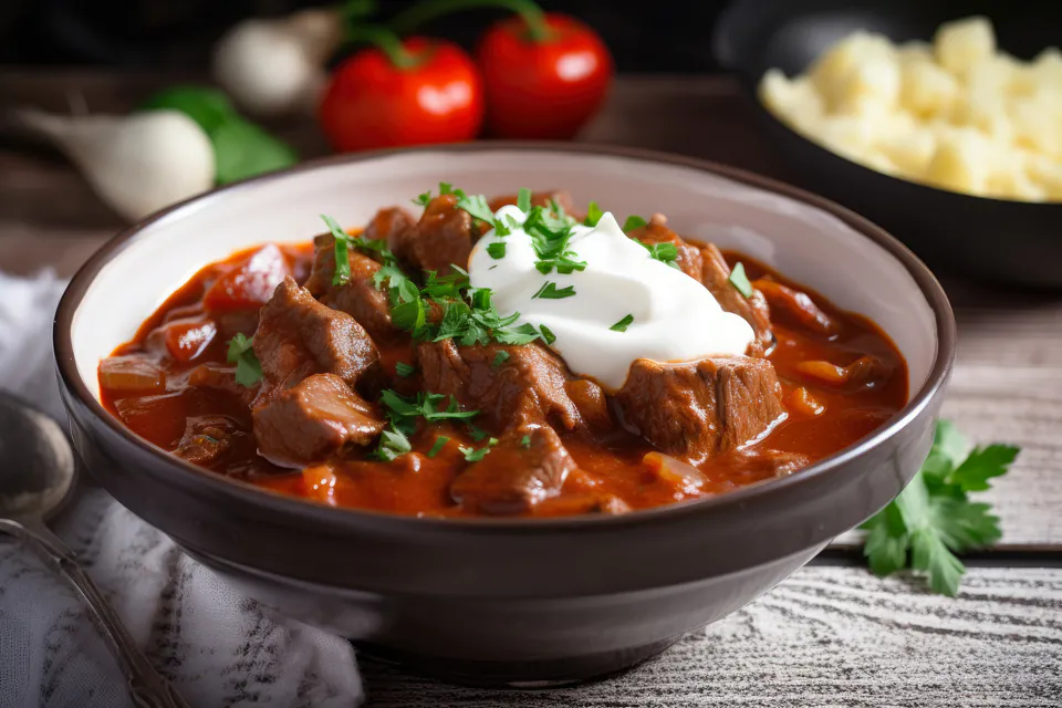 Traditional Hungarian goulash and nokedli served in family restaurant
