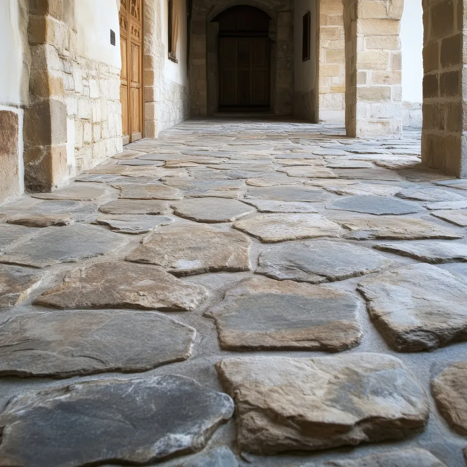 Stone-paved hallway with uneven flagstones and white stone walls in historic building