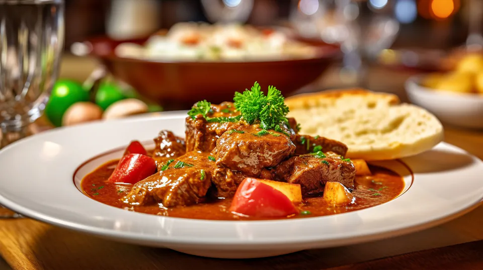 Traditional Hungarian goulash with tender meat and vegetables in rich paprika sauce, served with flatbread