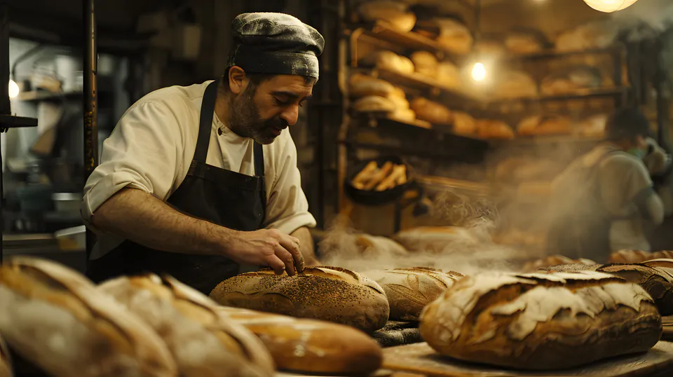 Baker working with artisanal sourdough loaves in a dimly lit bakery kitchen