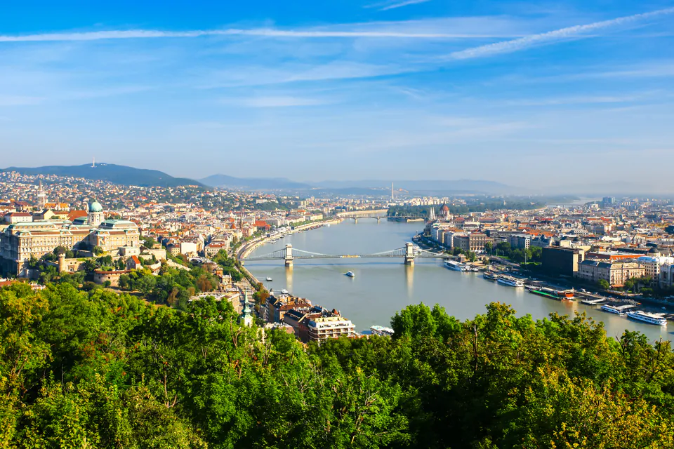 Panoramic view of Budapest from Gellért Hill showing Danube River and Parliament building