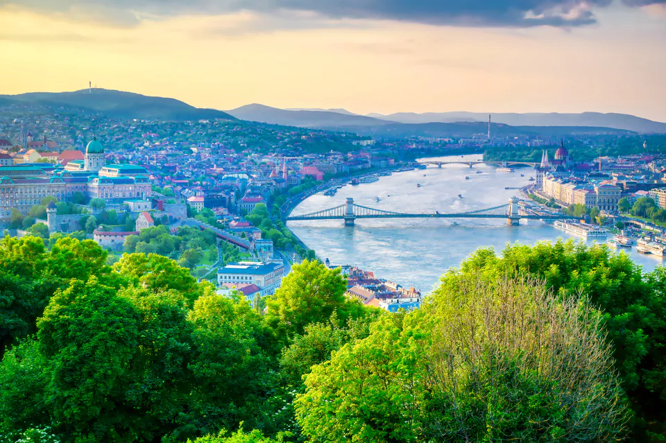 Panoramic view of Budapest from Gellért Hill showing Parliament and Danube
