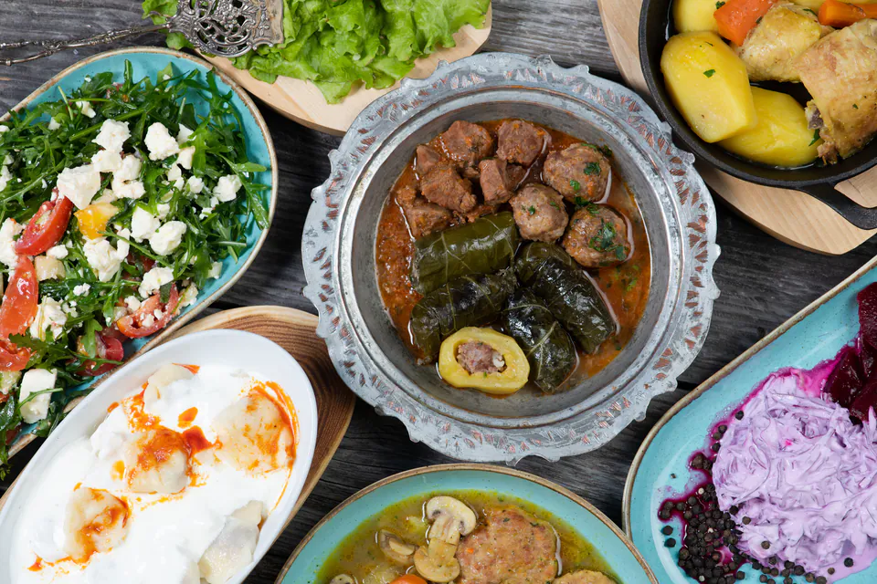 Traditional Middle Eastern mezze platter with hummus and falafel