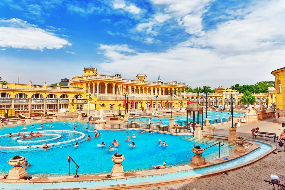 Széchenyi Thermal Bath outdoor pools with people relaxing
