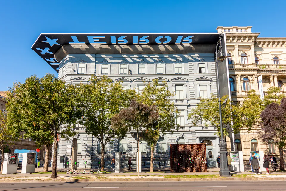 House of Terror Museum exterior with distinctive black architectural frame on sunny day