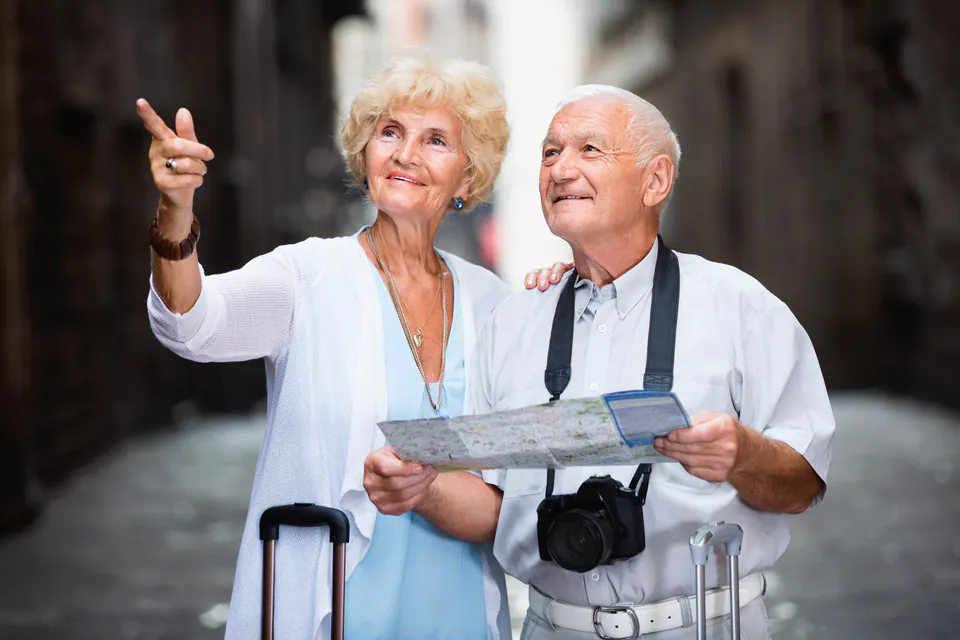 Senior couple enjoying panoramic view of Budapest from Fisherman's Bastion