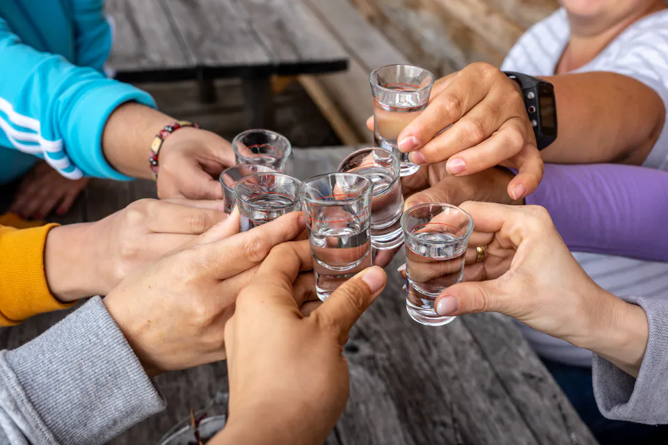 Several hands raising small glasses in a traditional Hungarian toast