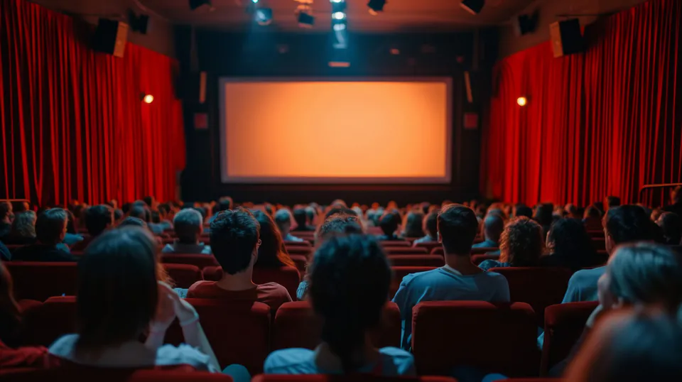 Audience watching a screening in a theater with red curtains and cinema screen