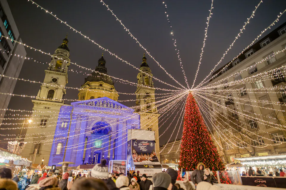Budapest Christmas market with festive lights and decorations