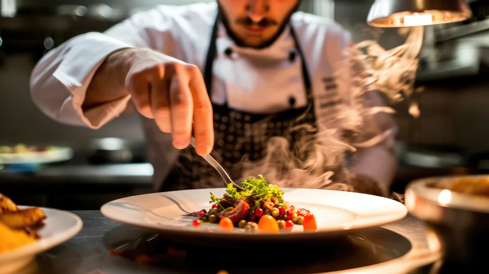 Chef plating an elegant dish with steam rising in a professional kitchen