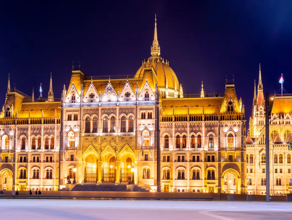 Hungarian Parliament Building illuminated at night