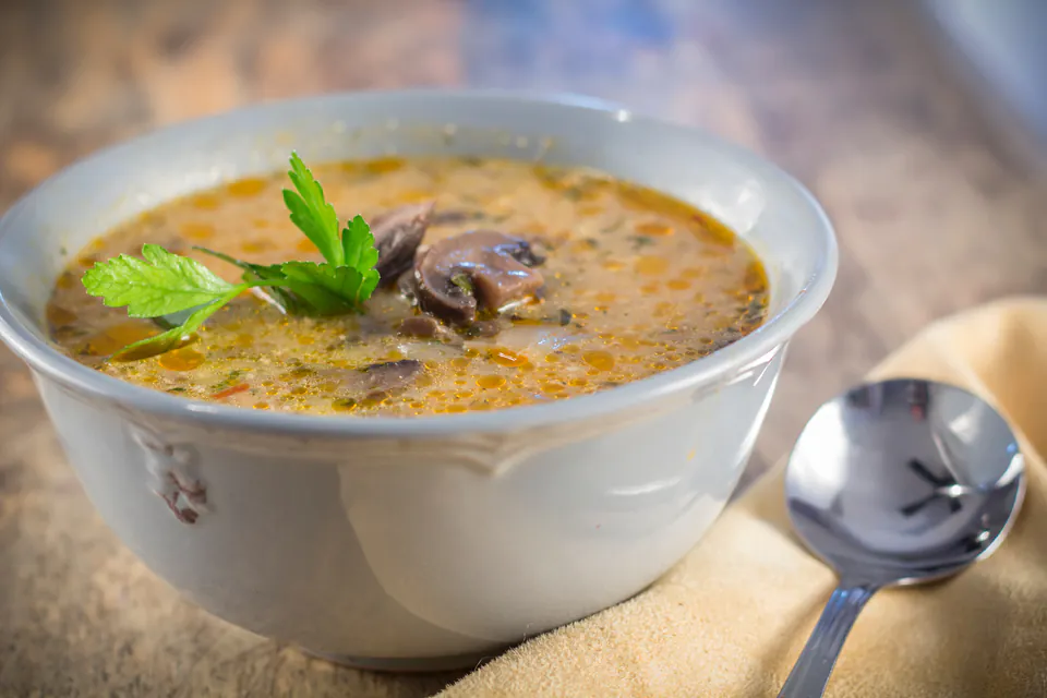 Creamy mushroom paprikash soup served in white bowl with fresh parsley garnish