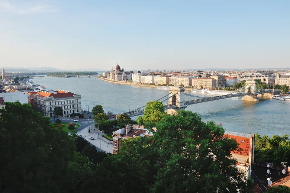 Panoramic view of Budapest showing Buda Castle and Parliament across the Danube