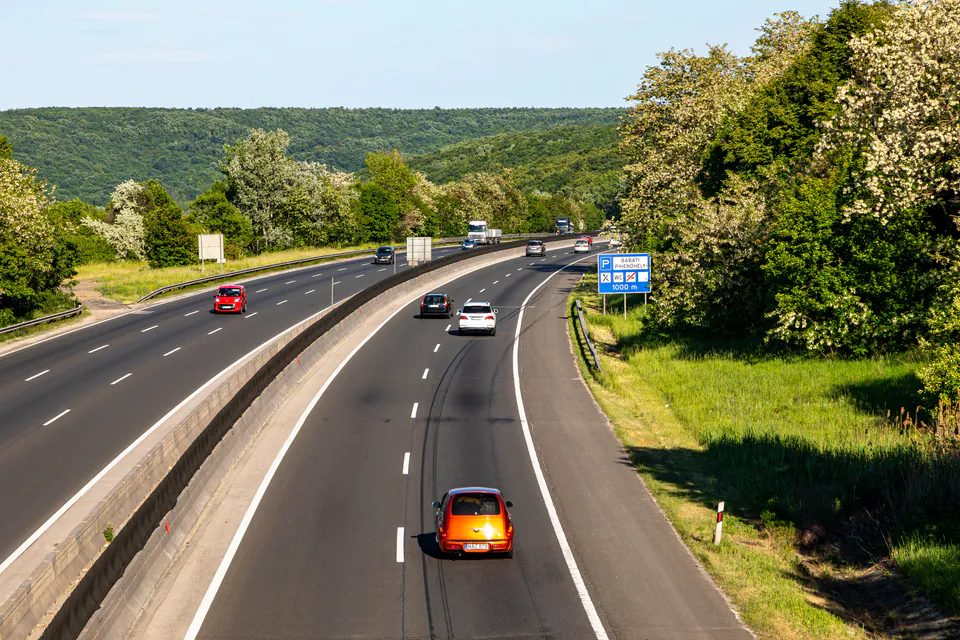 Modern Budapest highway with clear lane markings and signage
