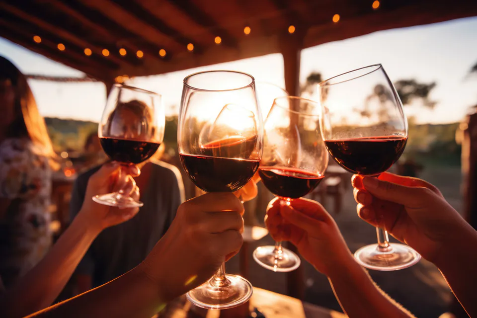 Wine glasses being toasted at sunset during an outdoor festival event