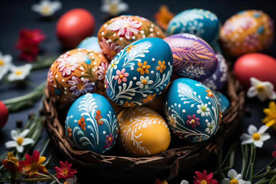 Ornately decorated Hungarian Easter eggs with floral patterns in blue, orange and red