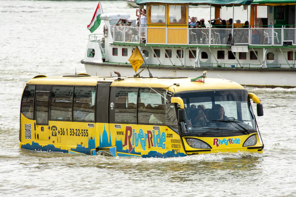 Amphibious RiverRide vehicle entering the Danube River from land