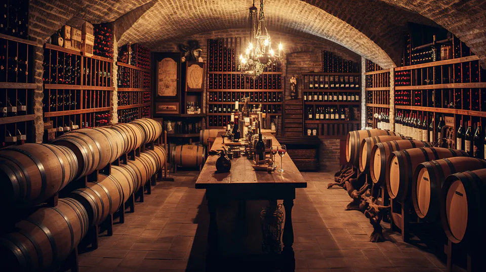 Historic wine cellar with vaulted ceiling, wooden barrels, and bottle-lined walls