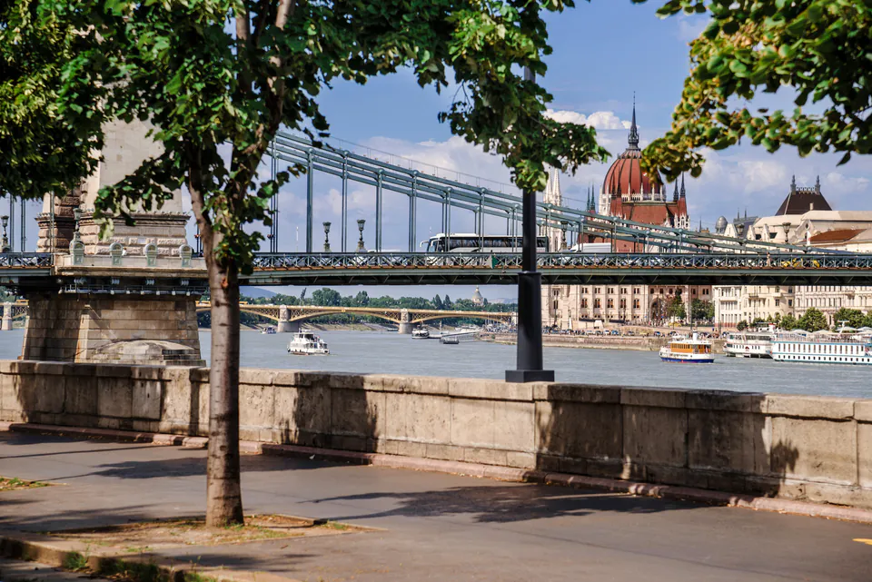 Liberty Bridge spans Danube River with Parliament dome visible in background