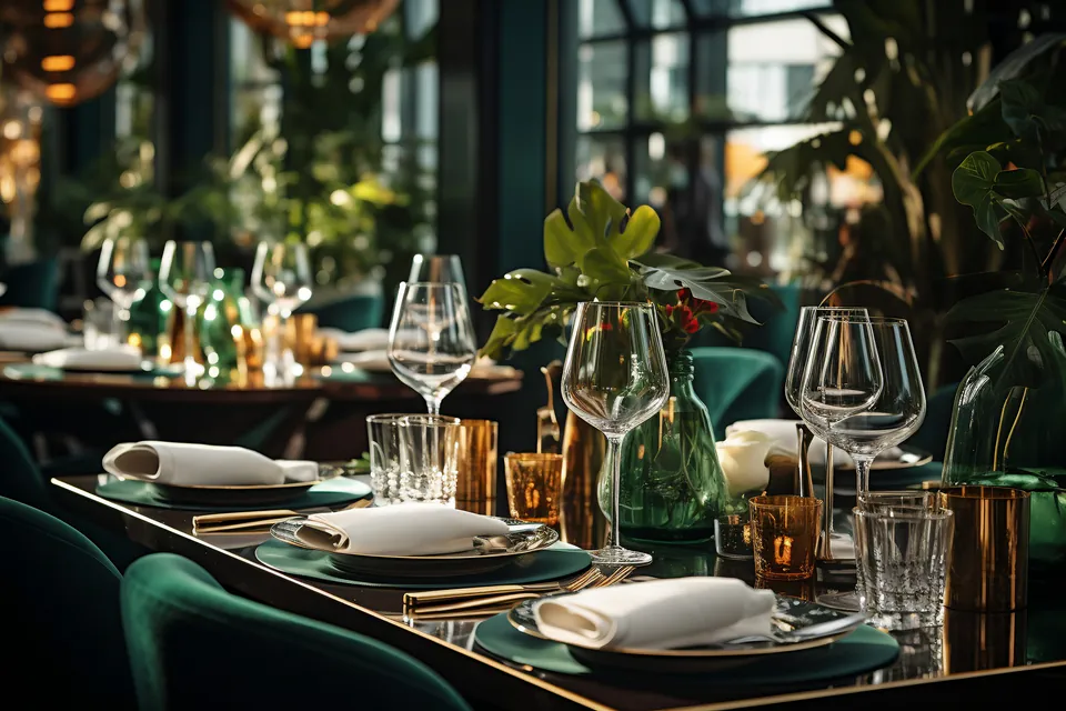 Elegant restaurant table setting with emerald green decor, crystal glasses and botanical accents