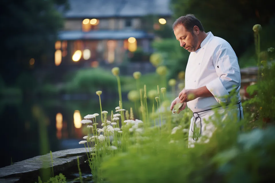 Chef in white coat selecting fresh herbs and edible flowers from restaurant garden