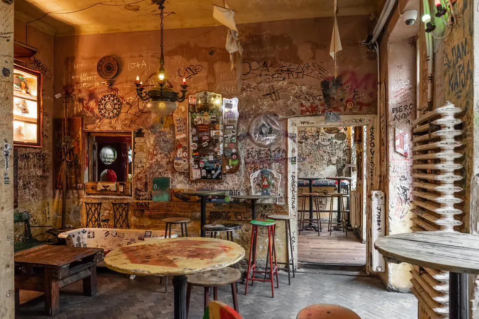 Interior of famous Szimpla Kert ruin bar with eclectic decorations