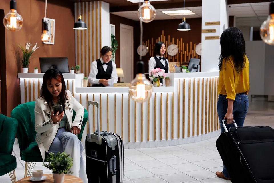 Modern boutique hotel lobby with staff behind reception desk and guests with luggage