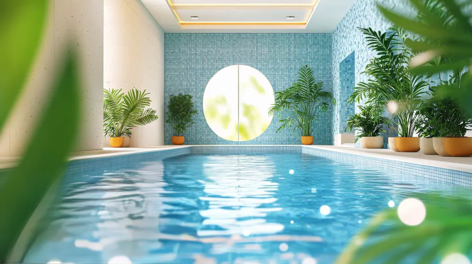 Elegant indoor swimming pool with mosaic tiles, circular window and tropical plants