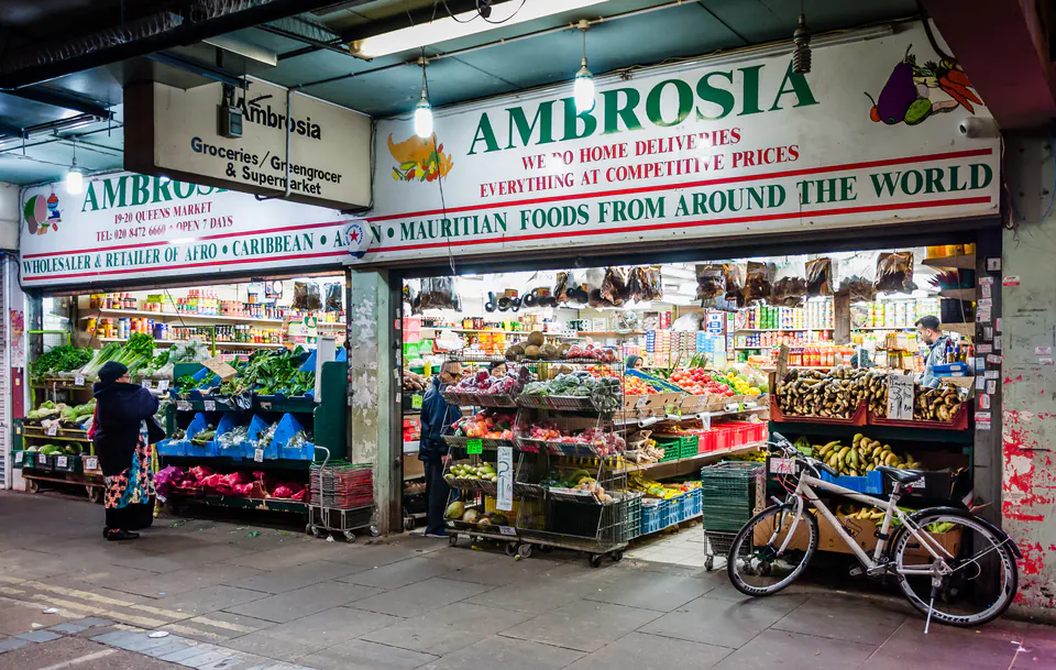 Interior of a halal grocery store in Budapest with shelves of Middle Eastern products